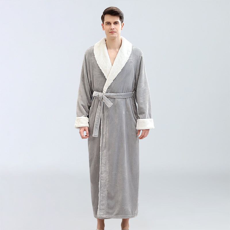 🛁 Men's Winter Plus Size Long Bathrobe – Coral Fleece Full-Length Pajamas