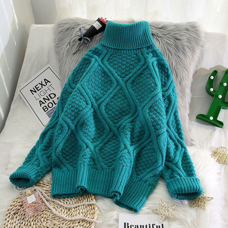 🧶 Plaid Turtleneck Knitted Women Sweaters – Thick, Warm & Vintage Style