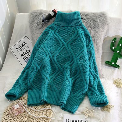 🧶 Plaid Turtleneck Knitted Women Sweaters – Thick, Warm & Vintage Style