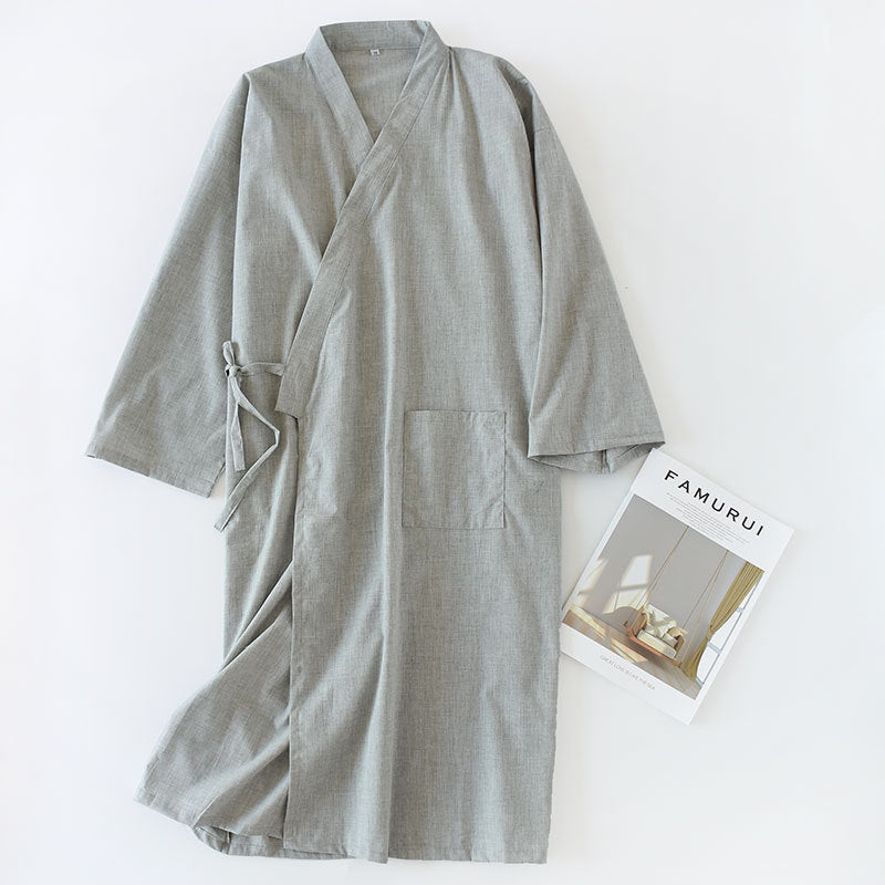 🌙 Men’s Woven Cotton Nightgown – Mid-Length Home Bathrobe