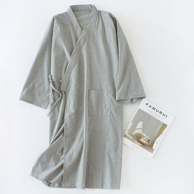 🌙 Men’s Woven Cotton Nightgown – Mid-Length Home Bathrobe