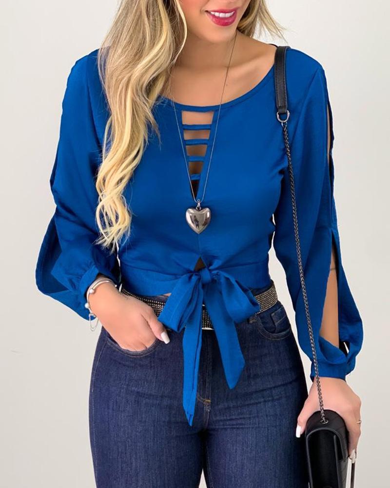Tie Front Cut Out Top for Women – Lace-Up Long Sleeve Blouse