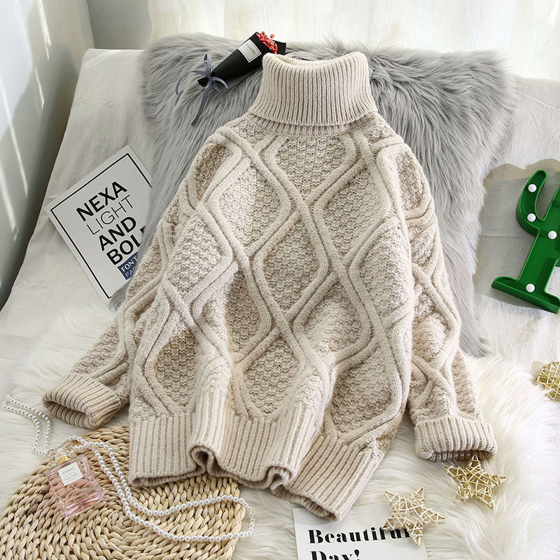 🧶 Plaid Turtleneck Knitted Women Sweaters – Thick, Warm & Vintage Style