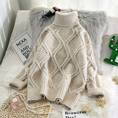 🧶 Plaid Turtleneck Knitted Women Sweaters – Thick, Warm & Vintage Style