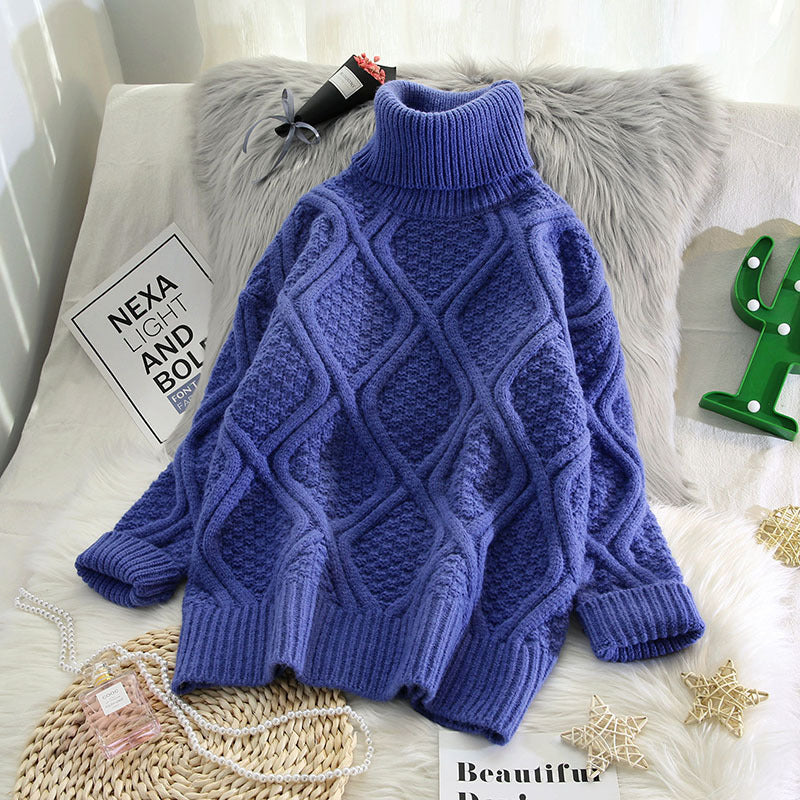 🧶 Plaid Turtleneck Knitted Women Sweaters – Thick, Warm & Vintage Style