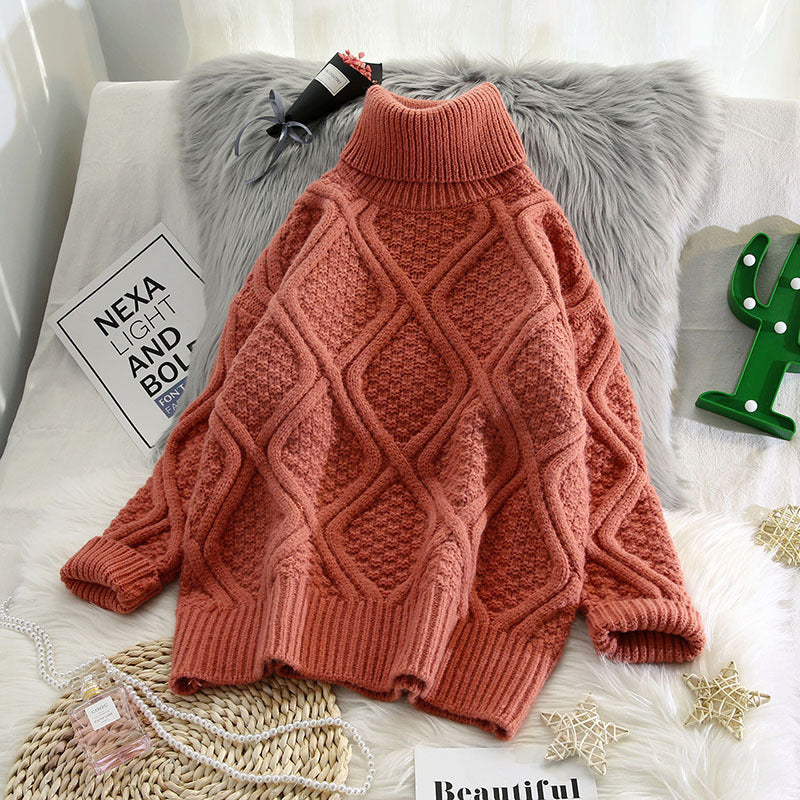 🧶 Plaid Turtleneck Knitted Women Sweaters – Thick, Warm & Vintage Style