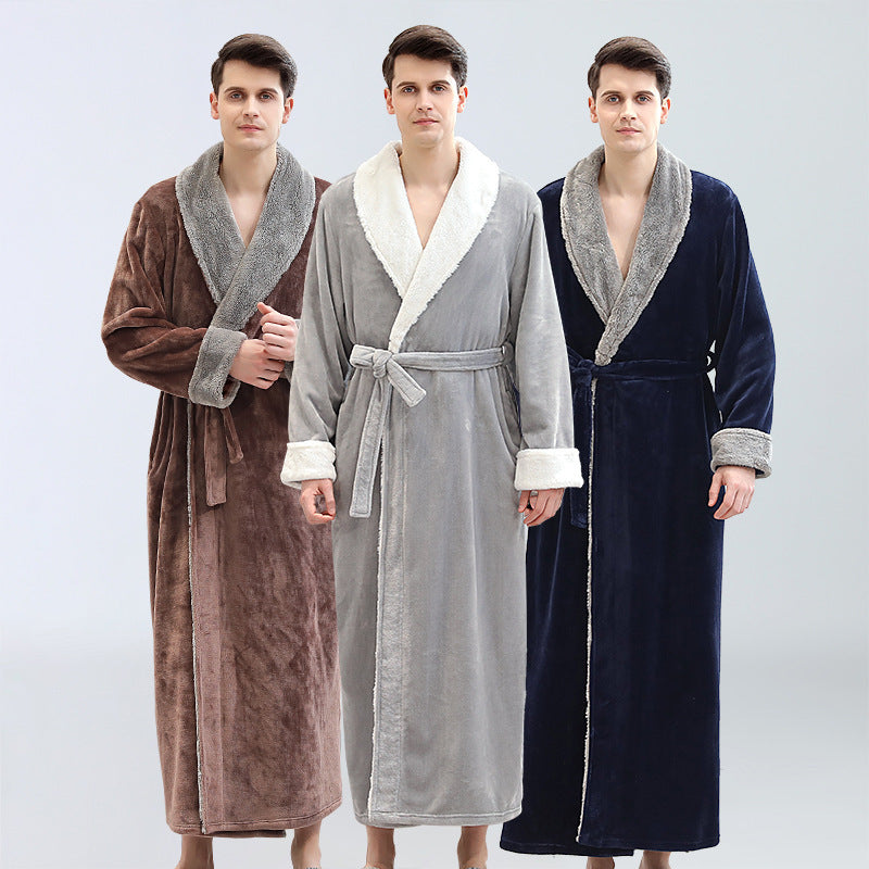 🛁 Men's Winter Plus Size Long Bathrobe – Coral Fleece Full-Length Pajamas