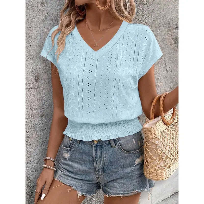 Women’s Summer Eyelet Top – Casual V-Neck Short Sleeve Smocked Blouse
