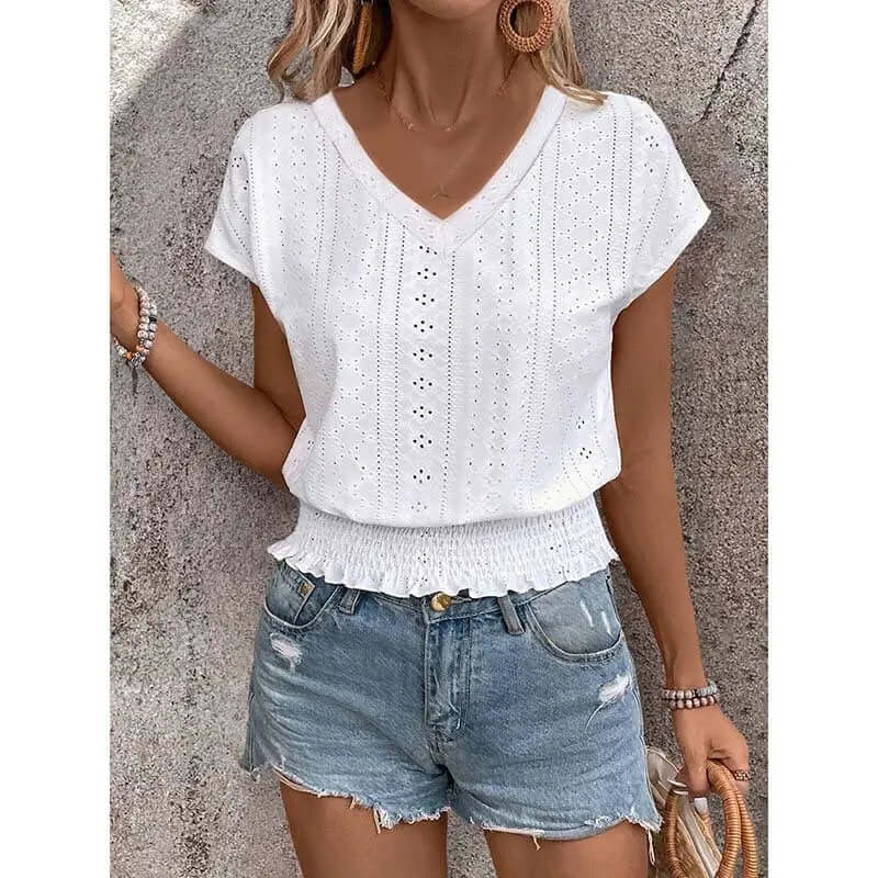 Women’s Summer Eyelet Top – Casual V-Neck Short Sleeve Smocked Blouse