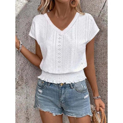 Women’s Summer Eyelet Top – Casual V-Neck Short Sleeve Smocked Blouse