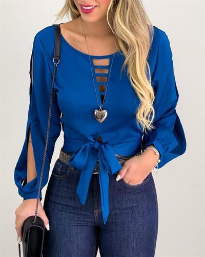 Tie Front Cut Out Top for Women – Lace-Up Long Sleeve Blouse