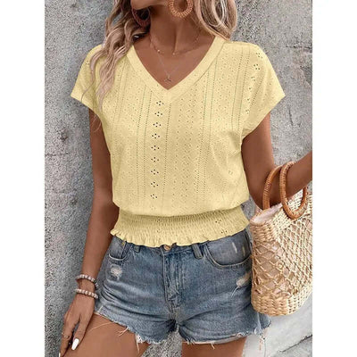 Women’s Summer Eyelet Top – Casual V-Neck Short Sleeve Smocked Blouse