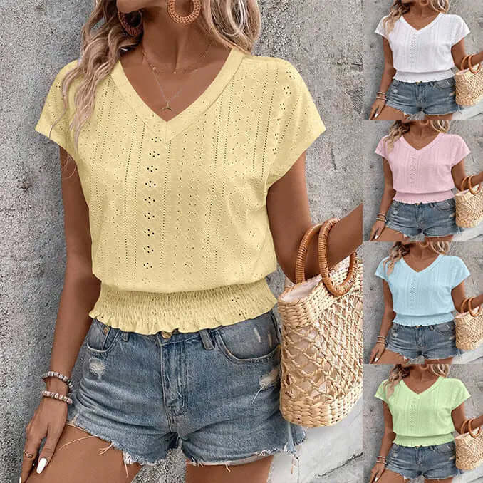 Women’s Summer Eyelet Top – Casual V-Neck Short Sleeve Smocked Blouse