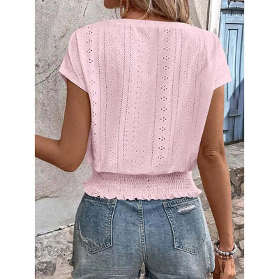 Women’s Summer Eyelet Top – Casual V-Neck Short Sleeve Smocked Blouse
