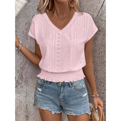 Women’s Summer Eyelet Top – Casual V-Neck Short Sleeve Smocked Blouse