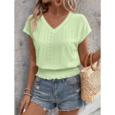 Women’s Summer Eyelet Top – Casual V-Neck Short Sleeve Smocked Blouse