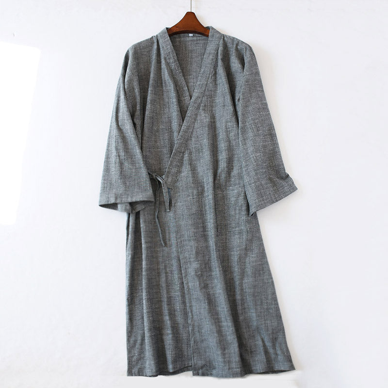 🌙 Men’s Woven Cotton Nightgown – Mid-Length Home Bathrobe