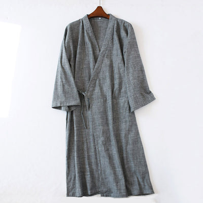 🌙 Men’s Woven Cotton Nightgown – Mid-Length Home Bathrobe