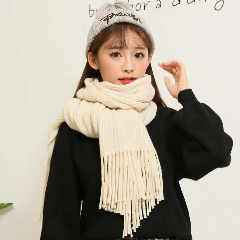 Winter Versatile Thickened Wool Scarf for Women – Soft Warm Tassel Shawl