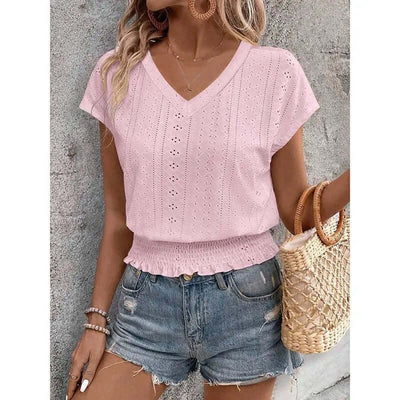 Women’s Summer Eyelet Top – Casual V-Neck Short Sleeve Smocked Blouse
