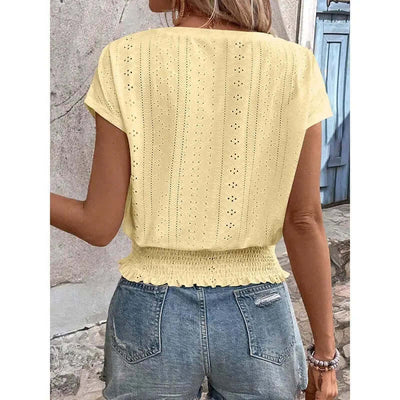 Women’s Summer Eyelet Top – Casual V-Neck Short Sleeve Smocked Blouse