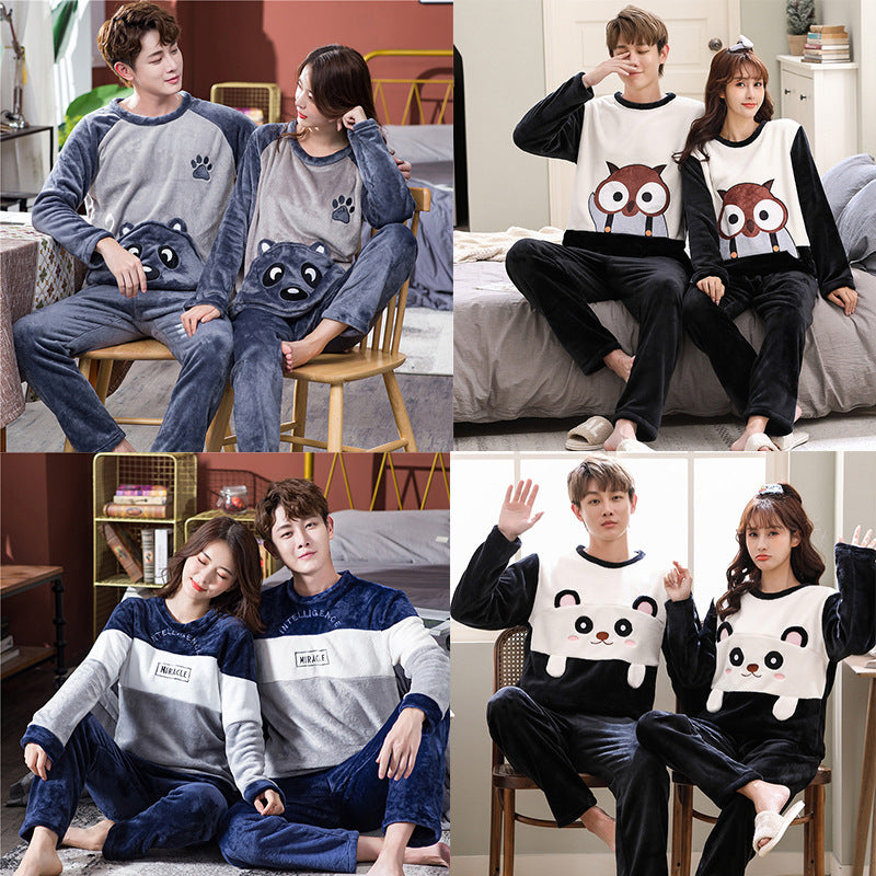 💕 Female Spring, Autumn, Winter Coral Plush Couple Nightwear