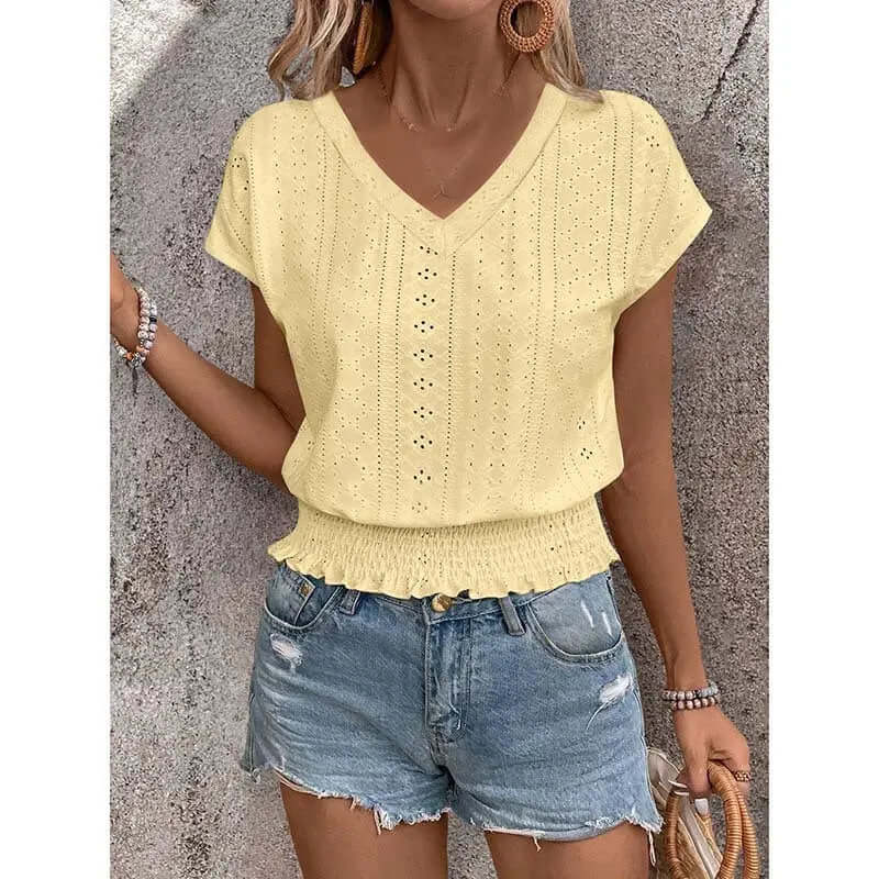 Women’s Summer Eyelet Top – Casual V-Neck Short Sleeve Smocked Blouse