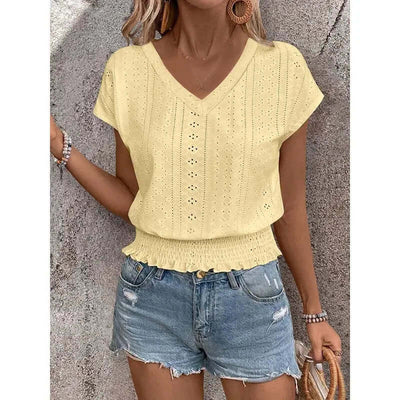 Women’s Summer Eyelet Top – Casual V-Neck Short Sleeve Smocked Blouse