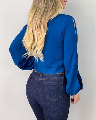 Tie Front Cut Out Top for Women – Lace-Up Long Sleeve Blouse
