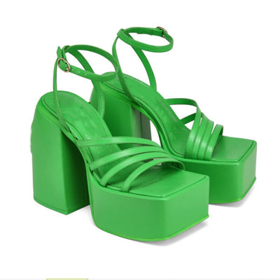 👠 Square Toe Platform Chunky High Heel Sandals