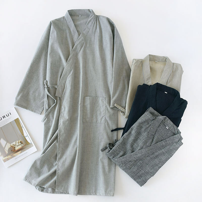 🌙 Men’s Woven Cotton Nightgown – Mid-Length Home Bathrobe