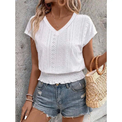 Women’s Summer Eyelet Top – Casual V-Neck Short Sleeve Smocked Blouse