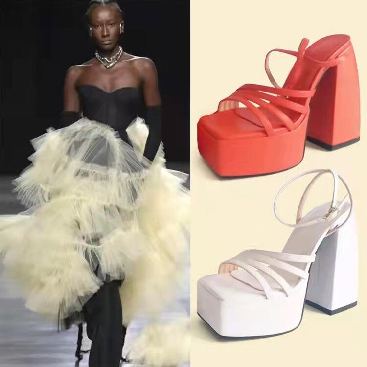 👠 Square Toe Platform Chunky High Heel Sandals