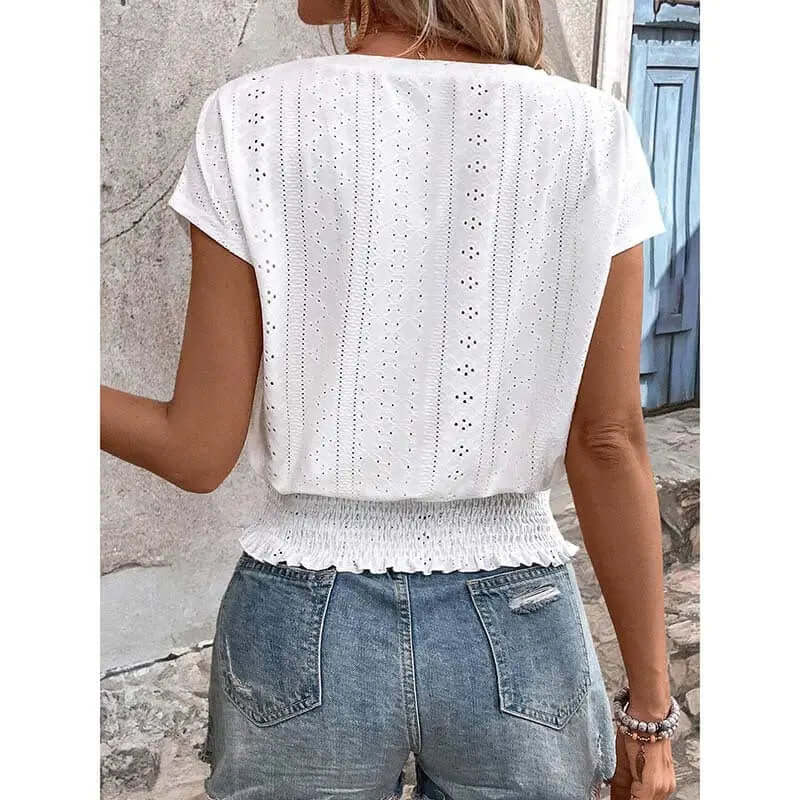 Women’s Summer Eyelet Top – Casual V-Neck Short Sleeve Smocked Blouse